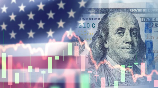 US flag blended with a hundred-dollar bill and financial stock chart